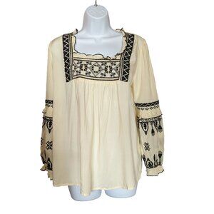SOLITAIRE NWT Hand Made blouse top Sz S EMBROIDERY lace RUFFLE cuffs BOHO CHIC